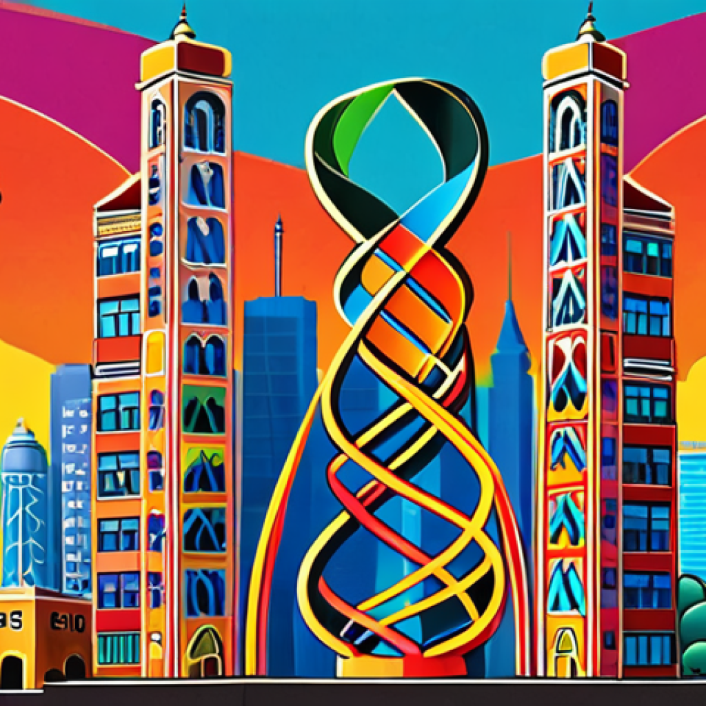 **A vibrant, colorful illustration of a traditional Urdu calligraphic design incorporating a DNA double helix. In the background, subtle outlines of modern skyscrapers and wind turbines suggest the intersection of heritage and innovation. Style: Digital art, vibrant colors, intricate details.**