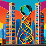 **A vibrant, colorful illustration of a traditional Urdu calligraphic design incorporating a DNA double helix. In the background, subtle outlines of modern skyscrapers and wind turbines suggest the intersection of heritage and innovation. Style: Digital art, vibrant colors, intricate details.**