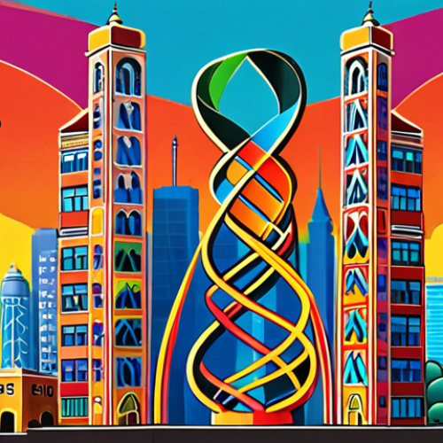 **A vibrant, colorful illustration of a traditional Urdu calligraphic design incorporating a DNA double helix. In the background, subtle outlines of modern skyscrapers and wind turbines suggest the intersection of heritage and innovation. Style: Digital art, vibrant colors, intricate details.**