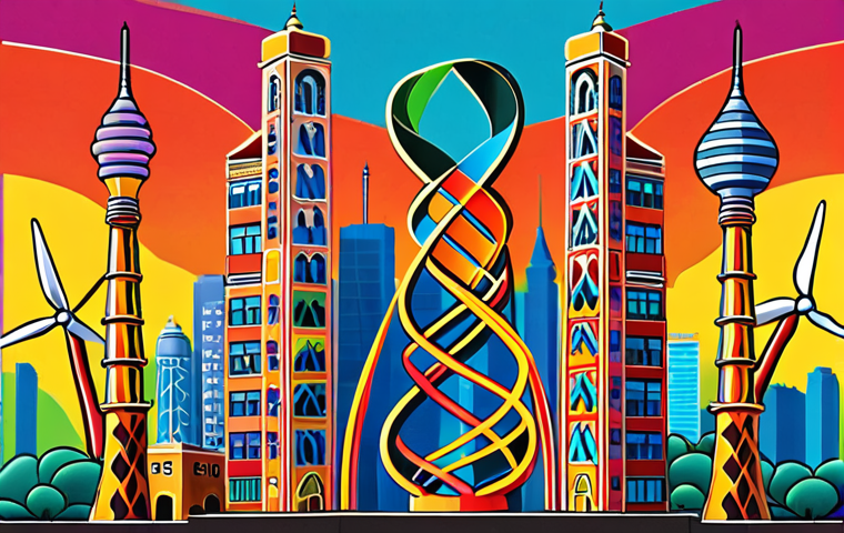 **A vibrant, colorful illustration of a traditional Urdu calligraphic design incorporating a DNA double helix. In the background, subtle outlines of modern skyscrapers and wind turbines suggest the intersection of heritage and innovation. Style: Digital art, vibrant colors, intricate details.**