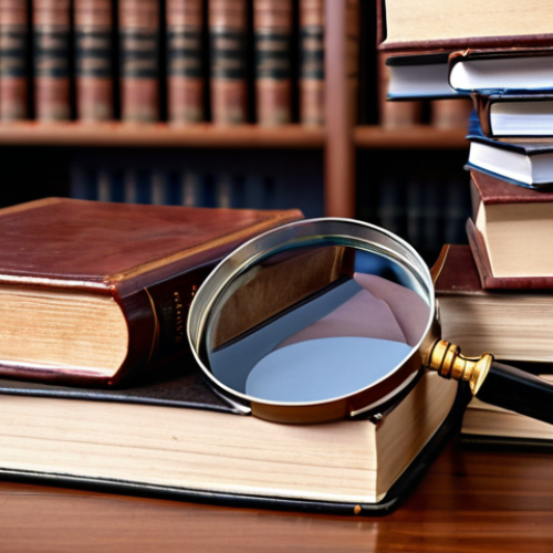 **Law books stacked on a desk, with a magnifying glass highlighting a legal journal, symbolizing legal study and intelligence.**