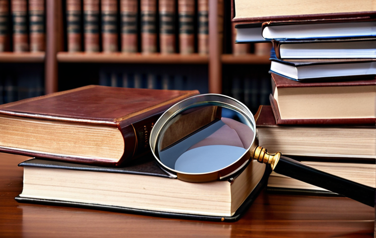 **Law books stacked on a desk, with a magnifying glass highlighting a legal journal, symbolizing legal study and intelligence.**