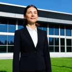 **

"A professional female architect in a modest, dark-colored business suit stands confidently in front of a modern building she designed. The building features clean lines, large windows, and sustainable elements. The background includes a clear blue sky and lush greenery. Fully clothed, appropriate attire, safe for work, perfect anatomy, natural proportions, professional photography, high quality, family-friendly."

**