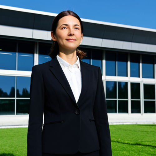 **

"A professional female architect in a modest, dark-colored business suit stands confidently in front of a modern building she designed. The building features clean lines, large windows, and sustainable elements. The background includes a clear blue sky and lush greenery. Fully clothed, appropriate attire, safe for work, perfect anatomy, natural proportions, professional photography, high quality, family-friendly."

**