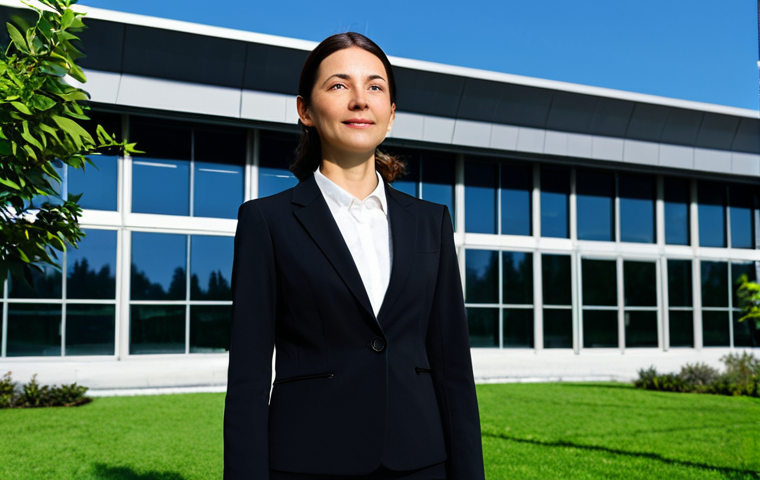 **
"A professional female architect in a modest, dark-colored business suit stands confidently in front of a modern building she designed. The building features clean lines, large windows, and sustainable elements. The background includes a clear blue sky and lush greenery. Fully clothed, appropriate attire, safe for work, perfect anatomy, natural proportions, professional photography, high quality, family-friendly."
**